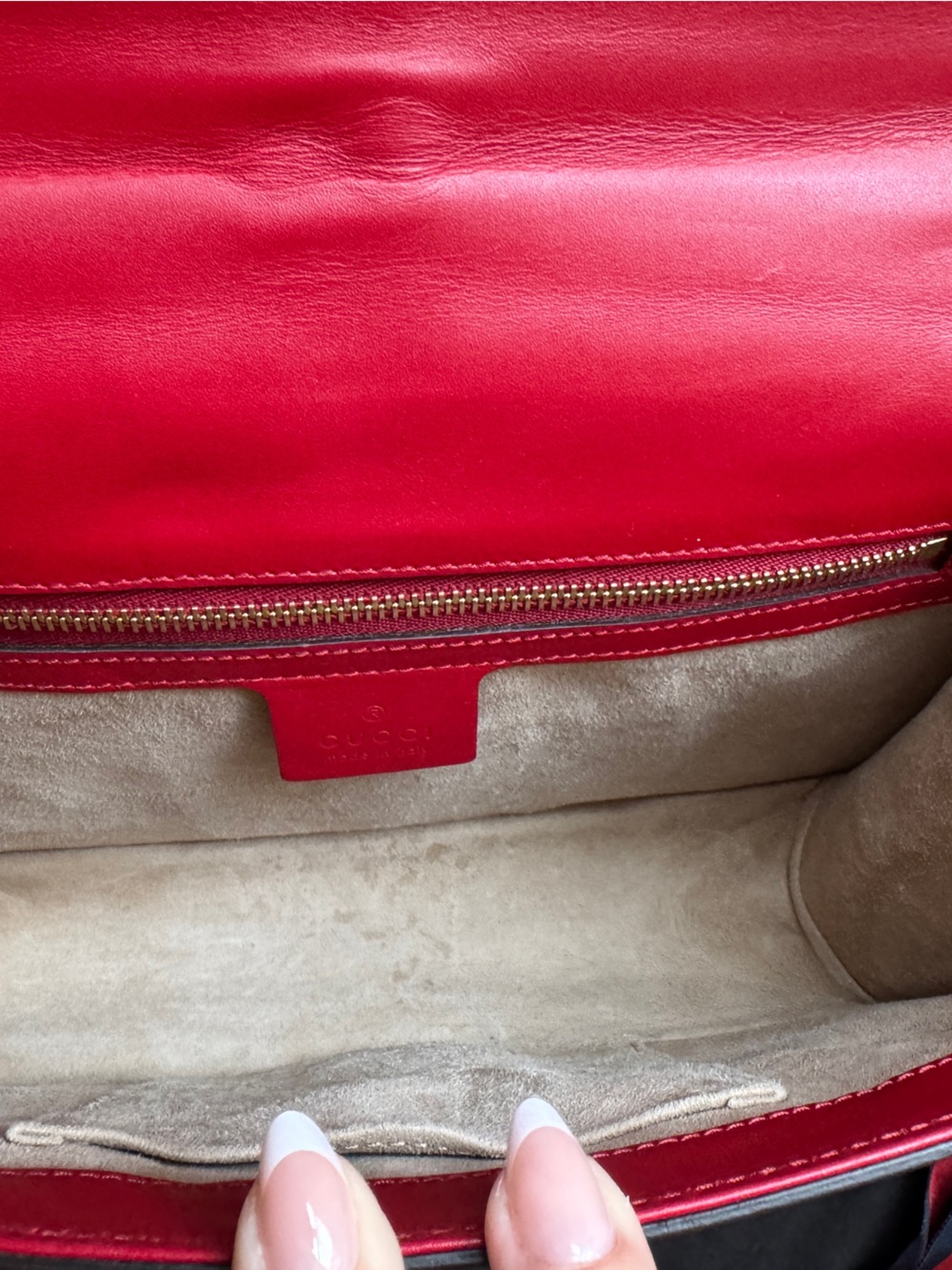 Gucci Sylvie Red Medium Leather Chain-Accent Crossbody Bag with Navy Stripe - Picture 11 of 14